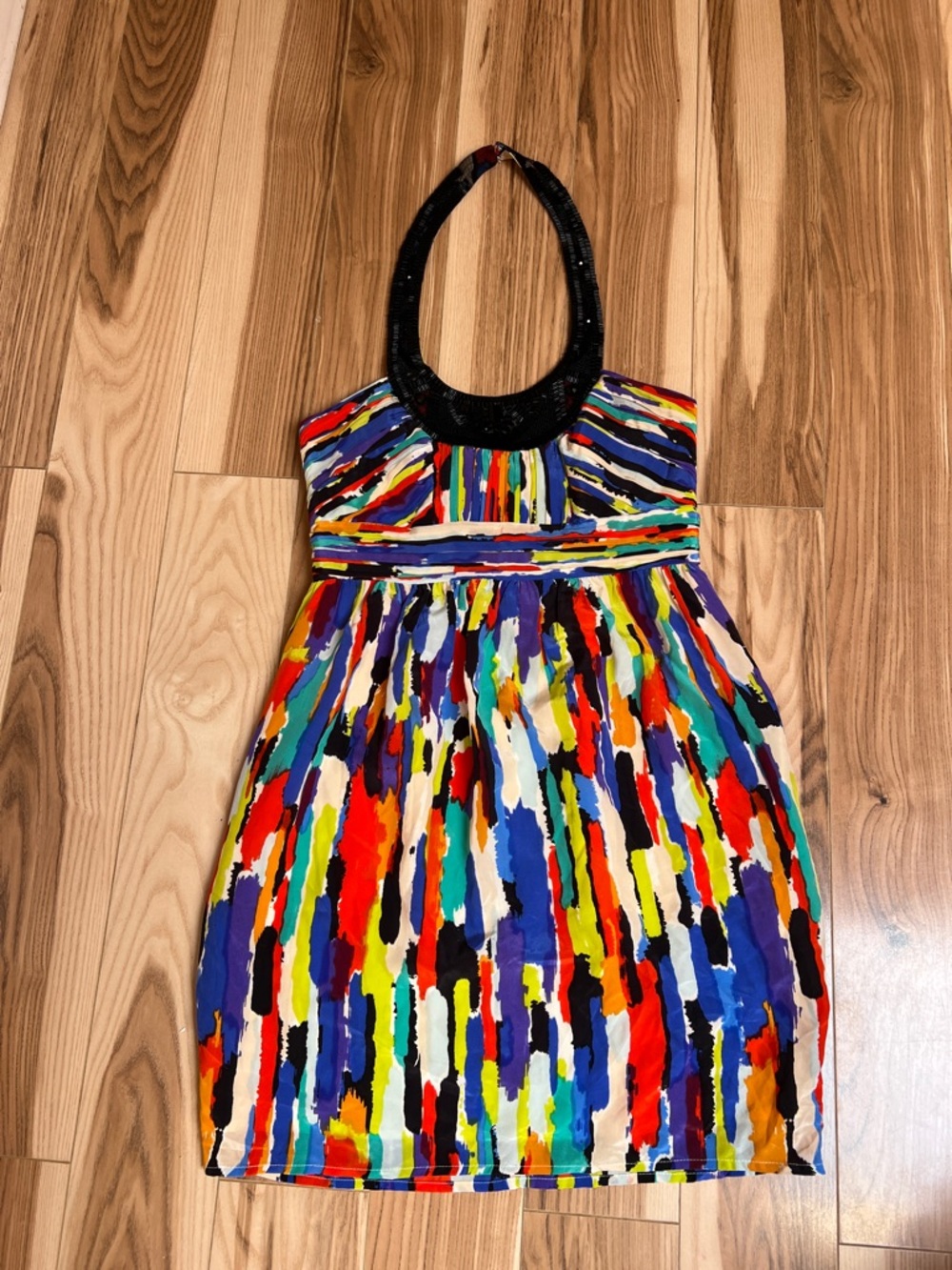 Shoshanna silk rainbow watercolor beaded halter dress NWT